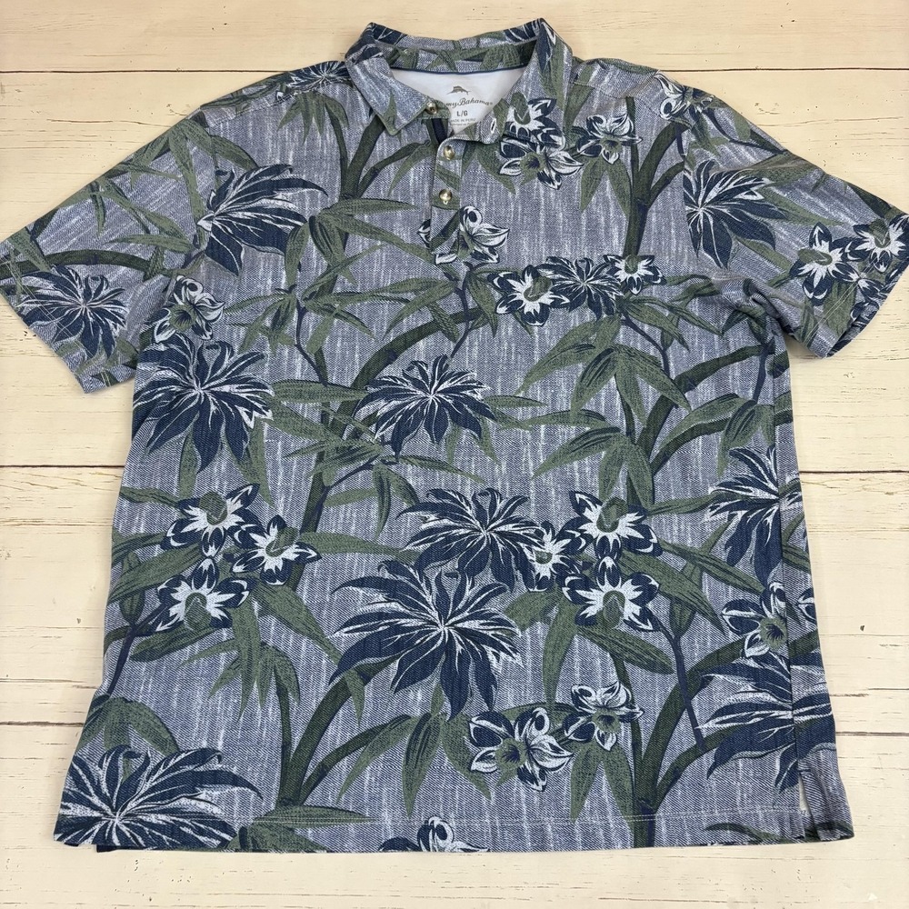 Tommy Bahama Polo Shirt Mens L Blue Floral Tropical Stretch Short Sleeve Peru